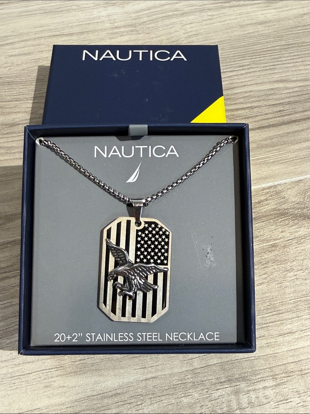 Nautica Silver tone Stainless Steel Eagle & American Flag Dog Tag Necklace